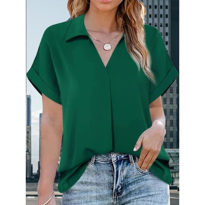 Kadın Kısa Kollu Yakalı Uzun Sandy Bluz