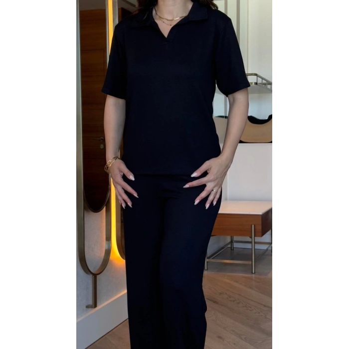 Kadın Kısa Kollu Yakalı Viskon Iki Iplik Bluz Ve Pantolon Ikili Takım