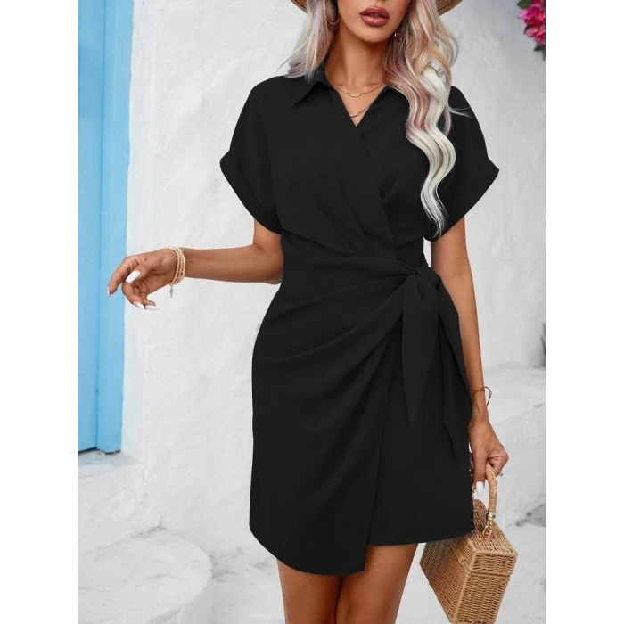 Kadın Kısa Kollu Yakalı Yandan Bağlamalı Dokuma Elbise