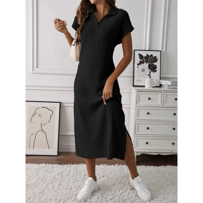 Kadın Kısa Kollu Yakalı Yandan Yırtmaçlı Kalın Fitilli Kaşkorse Elbise