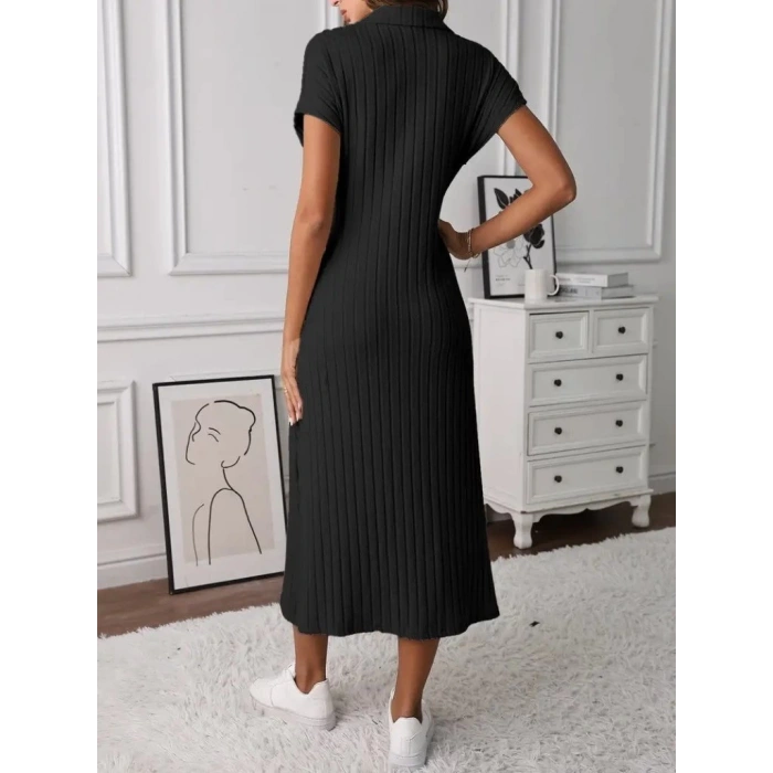 Kadın Kısa Kollu Yakalı Yandan Yırtmaçlı Kalın Fitilli Kaşkorse Elbise