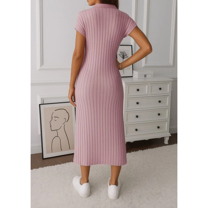 Kadın Kısa Kollu Yakalı Yandan Yırtmaçlı Kalın Fitilli Kaşkorse Elbise