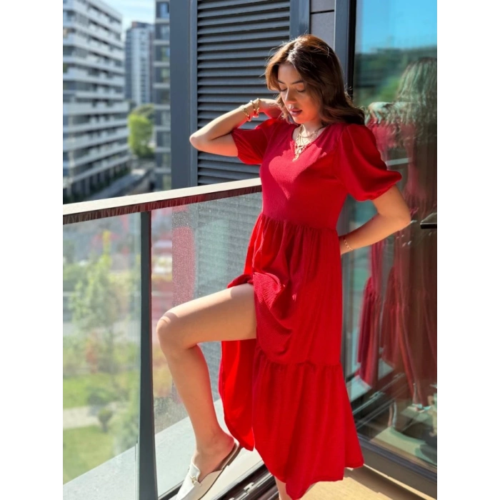 Kadın Kısa Kollu Yakası Açık Katlı Bürümcük Balon Elbise