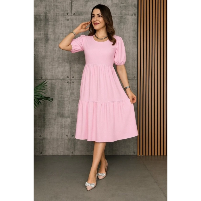 Kadın Kısa Kollu Yakası Açık Katlı Bürümcük Balon Elbise