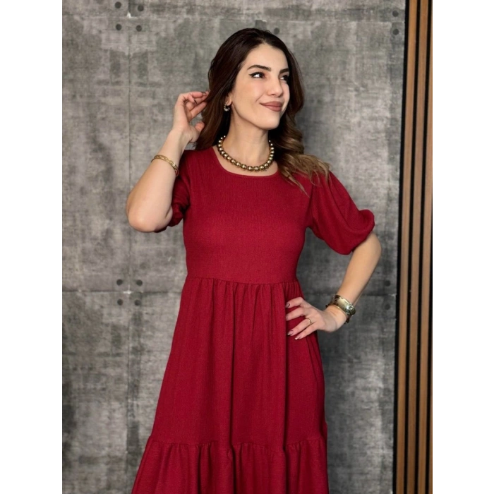 Kadın Kısa Kollu Yakası Açık Katlı Bürümcük Balon Elbise