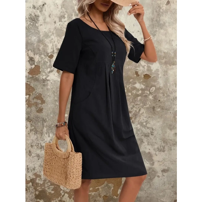 Kadın Kısa Kollu Yakası Açık önden Büzgülü Cep Detaylı Viskon Iki Iplik Elbise