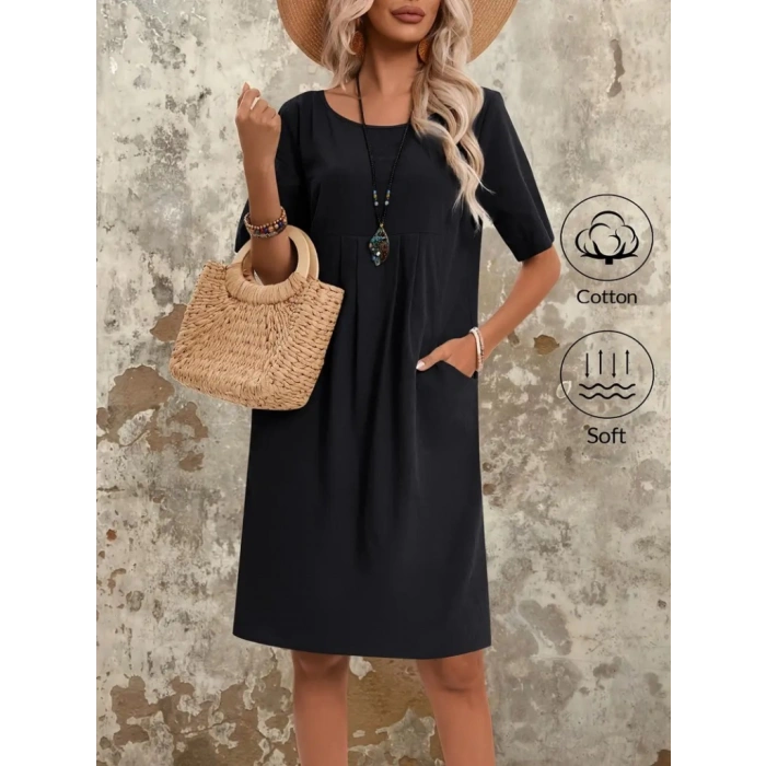 Kadın Kısa Kollu Yakası Açık önden Büzgülü Cep Detaylı Viskon Iki Iplik Elbise