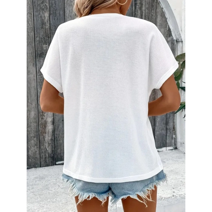 Kadın Kısa Kollu Yakası Açık önden Düğmeli Waffle Bluz