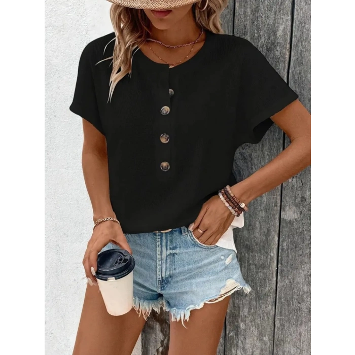 Kadın Kısa Kollu Yakası Açık önden Düğmeli Waffle Bluz