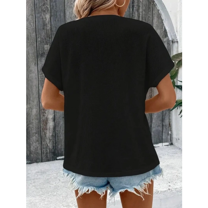 Kadın Kısa Kollu Yakası Açık önden Düğmeli Waffle Bluz