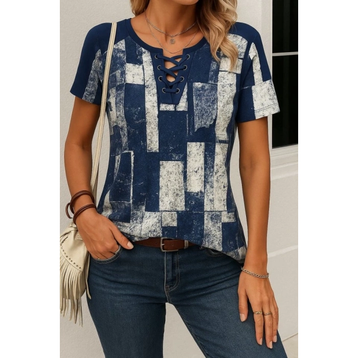 Kadın Kısa Kollu Yakası Bağcıklı Kuş Gözü Detay Süprem Bluz