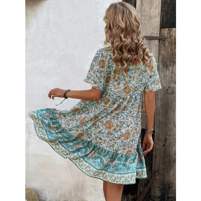 Kadın Kısa Kollu Yakası Bağcıklı önden Düğmeli Fırfır Desenli Süprem Elbise