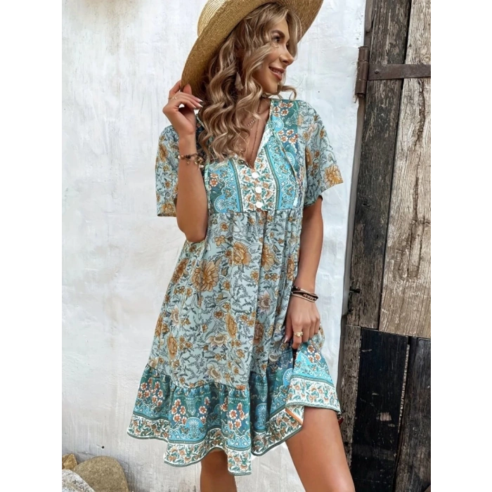 Kadın Kısa Kollu Yakası Bağcıklı önden Düğmeli Fırfır Desenli Süprem Elbise