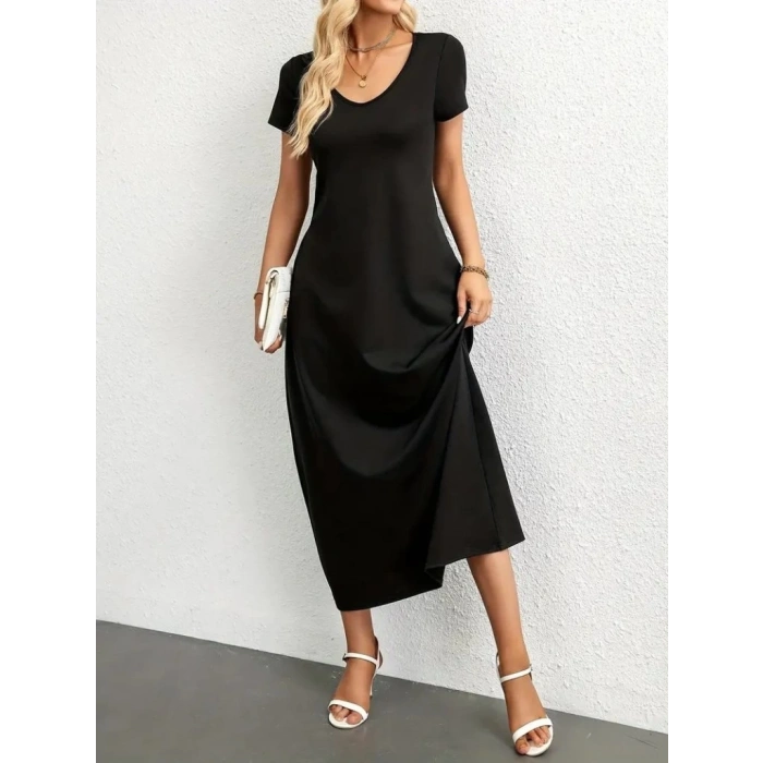 Kadın Kısa Kollu Yakası Yuvarlak Cepli Viskon Elbise