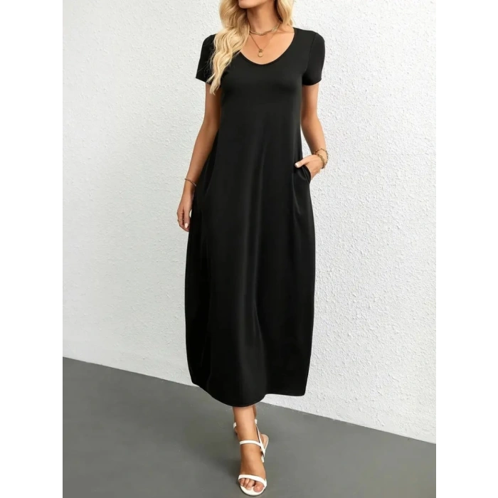 Kadın Kısa Kollu Yakası Yuvarlak Cepli Viskon Elbise