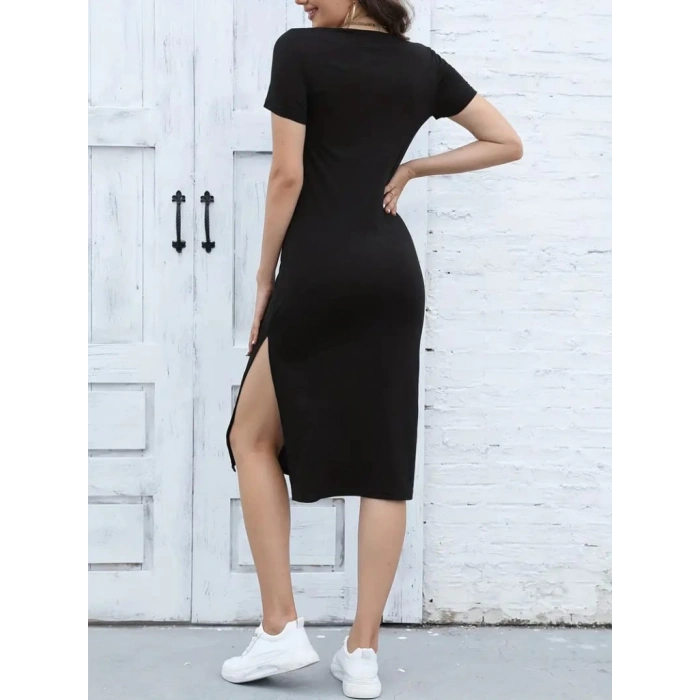 Kadın Kısa Kollu Yanı Yırtmaçlı Bisiklet Yaka Dizde Viskon Elbise