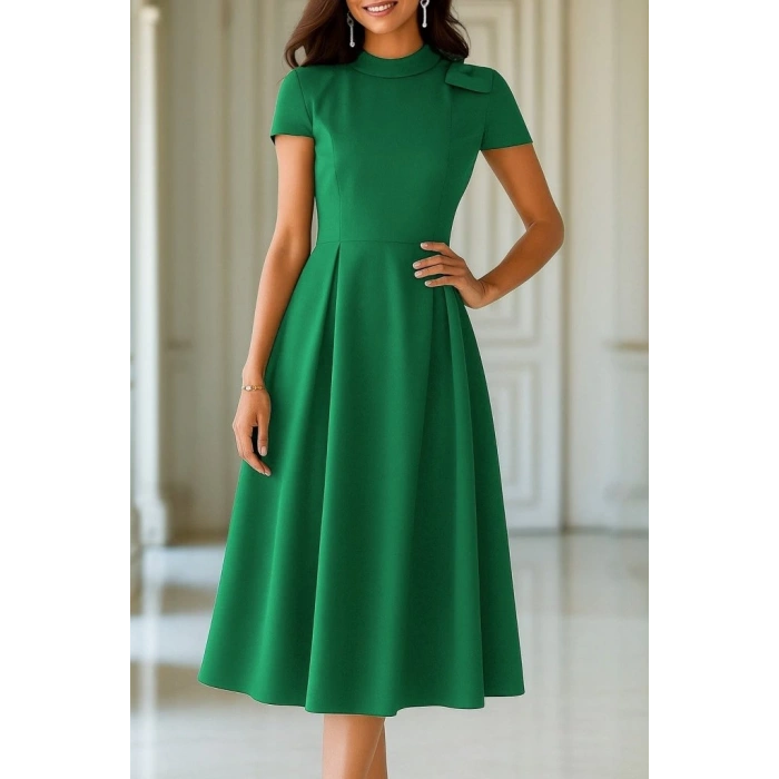 Kadın Kısa Kollu Yarı Balıkçı Yaka Pileli Janjan Krep Midi Elbise