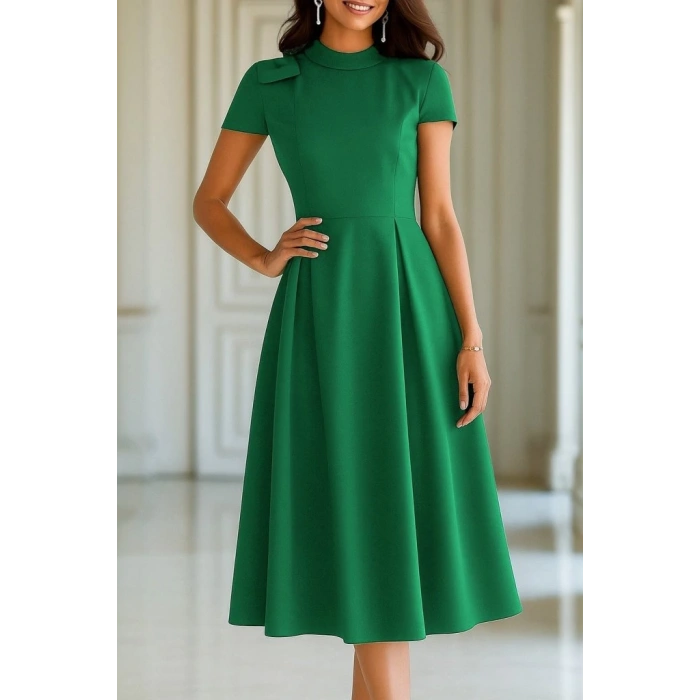 Kadın Kısa Kollu Yarı Balıkçı Yaka Pileli Janjan Krep Midi Elbise