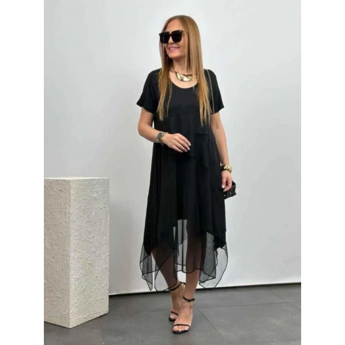 Kadın Kısa Kollu Yuvarlak Tüllü Asimetrik Detaylı Viskon Elbise