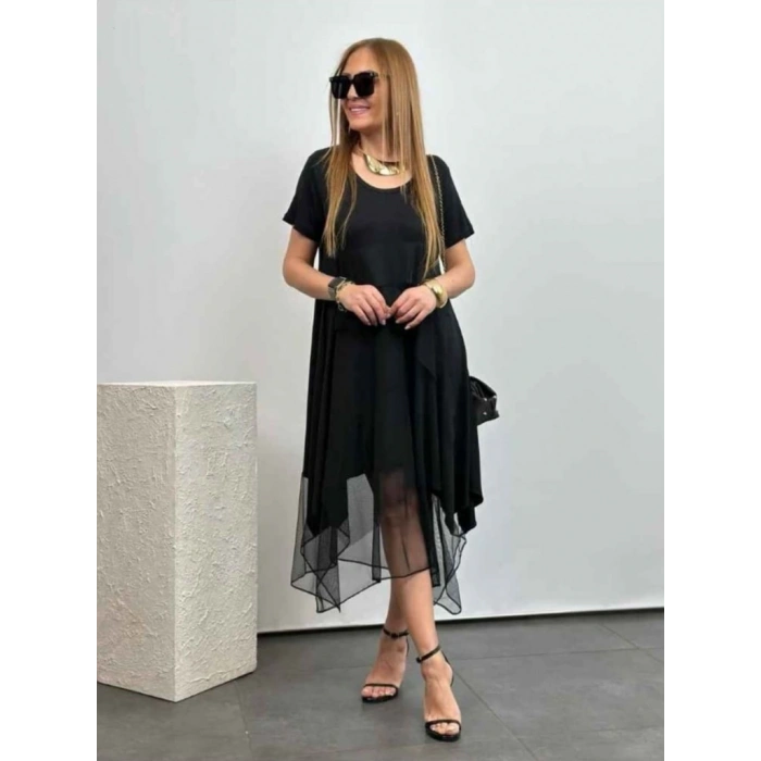 Kadın Kısa Kollu Yuvarlak Tüllü Asimetrik Detaylı Viskon Elbise