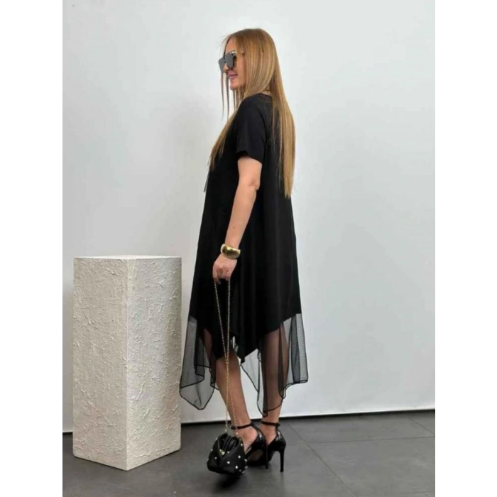 Kadın Kısa Kollu Yuvarlak Tüllü Asimetrik Detaylı Viskon Elbise