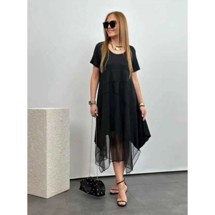 Kadın Kısa Kollu Yuvarlak Tüllü Asimetrik Detaylı Viskon Elbise