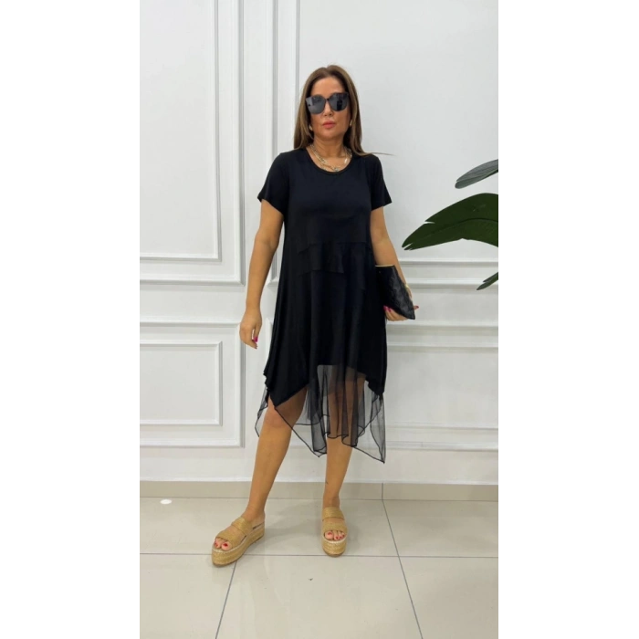 Kadın Kısa Kollu Yuvarlak Tüllü Asimetrik Detaylı Viskon Elbise