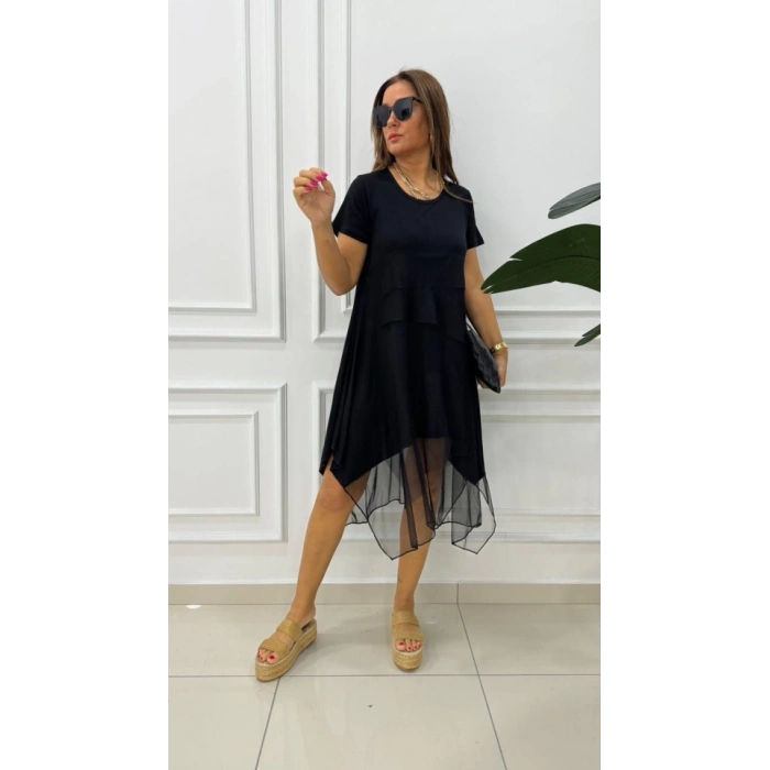 Kadın Kısa Kollu Yuvarlak Tüllü Asimetrik Detaylı Viskon Elbise