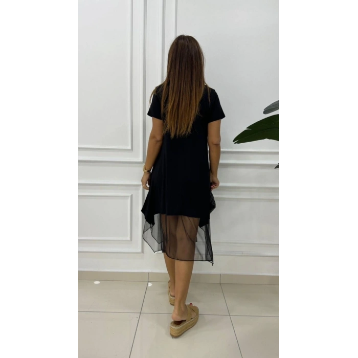 Kadın Kısa Kollu Yuvarlak Tüllü Asimetrik Detaylı Viskon Elbise