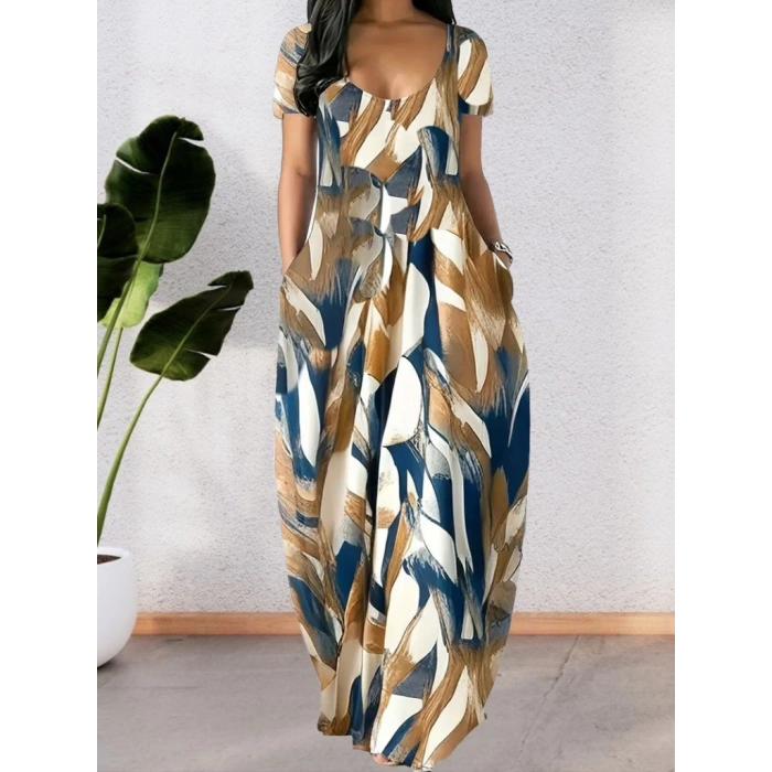 Kadın Kısa Kollu Yuvarlak Yaka Cepli Salaş Baskılı Süprem Elbise