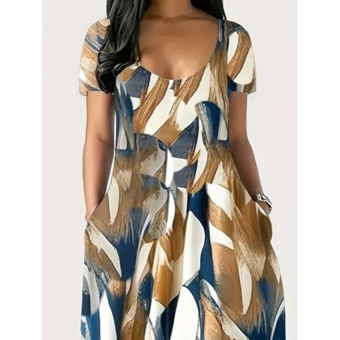 Kadın Kısa Kollu Yuvarlak Yaka Cepli Salaş Baskılı Süprem Elbise