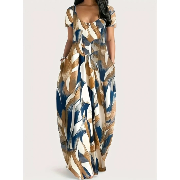 Kadın Kısa Kollu Yuvarlak Yaka Cepli Salaş Baskılı Süprem Elbise