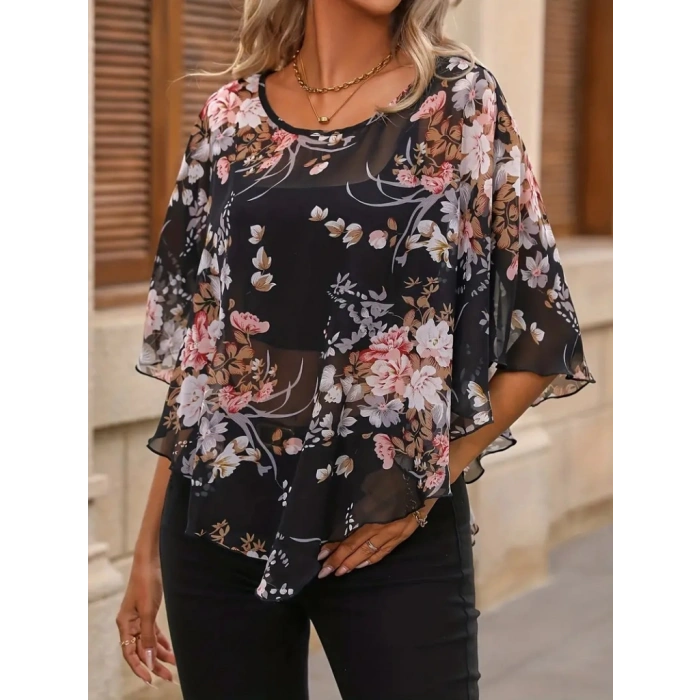 Kadın Kısa Kollu Yuvarlak Yaka çiçek Baskılı Asimetrik Kesim şifon Bluz