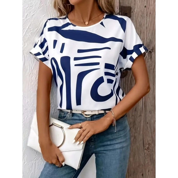 Kadın Kısa Kollu Yuvarlak Yaka Desenli Süprem Bluz