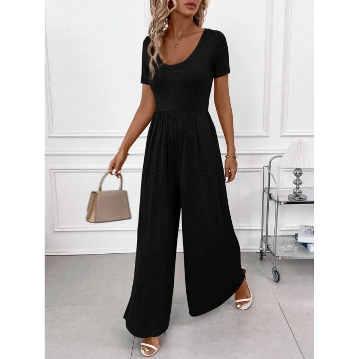 Kadın Kısa Kollu Yuvarlak Yaka Geniş Paçalı Bürümcük Tulum