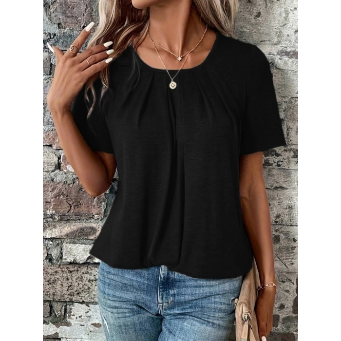 Kadın Kısa Kollu Yuvarlak Yaka önden Pileli Salaş Viskon Bluz