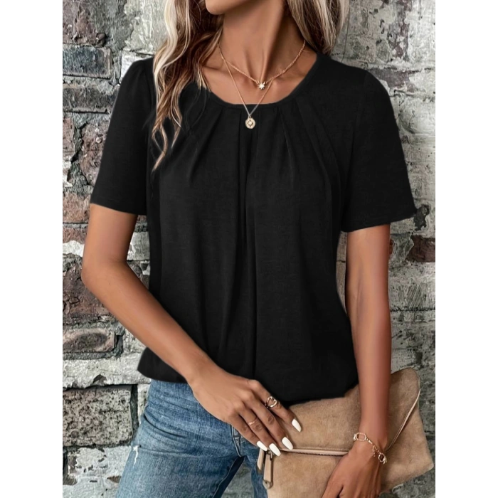 Kadın Kısa Kollu Yuvarlak Yaka önden Pileli Salaş Viskon Bluz