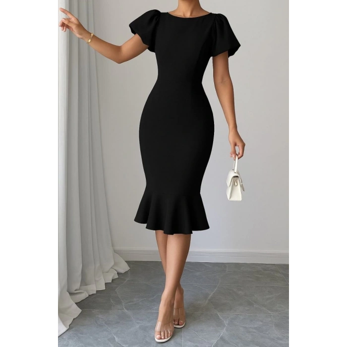 Kadın Kısa Kollu Yuvarlak Yaka Pileli Janjan Krep Elbise