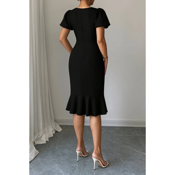 Kadın Kısa Kollu Yuvarlak Yaka Pileli Janjan Krep Elbise