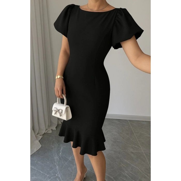 Kadın Kısa Kollu Yuvarlak Yaka Pileli Janjan Krep Elbise