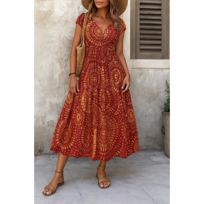 Kadın Kısa Yarasa Kanat Kollu V Yakalı Beli Büzgülü Süprem Elbise