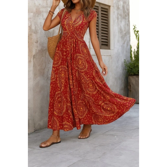 Kadın Kısa Yarasa Kanat Kollu V Yakalı Beli Büzgülü Süprem Elbise