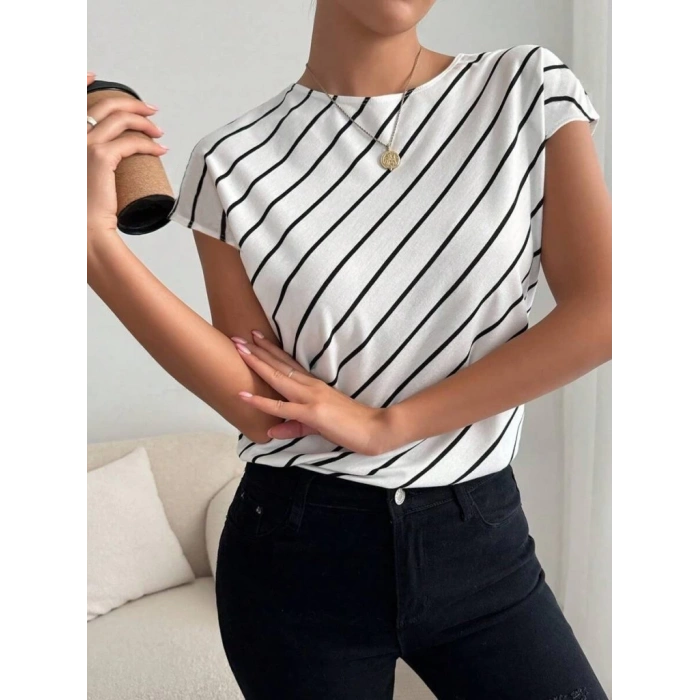 Kadın Kısa Yarasa Kollu Bisiklet Yaka çizgi Desenli Atlas Bluz