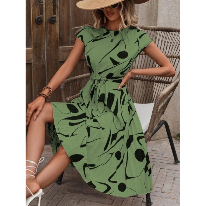 Kadın Kısa Yarasa Kollu Yuvarlak Yaka Beli Büzgülü Süprem Elbise