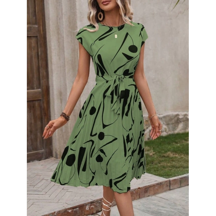 Kadın Kısa Yarasa Kollu Yuvarlak Yaka Beli Büzgülü Süprem Elbise