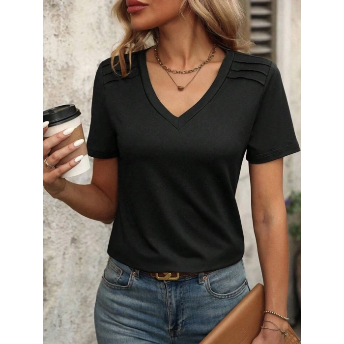 Kadın Kollu V Yakalı Omuzlarda çizgi Detaylı Viskon Bluz