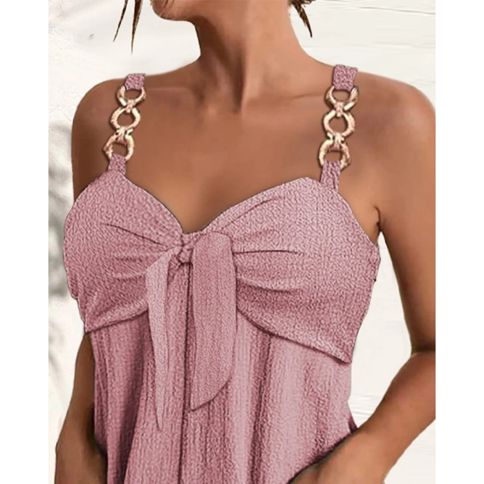 Kadın Kolsuz Askı Aksesuarlı önü Bağlama Detay Salopet şort Tulum