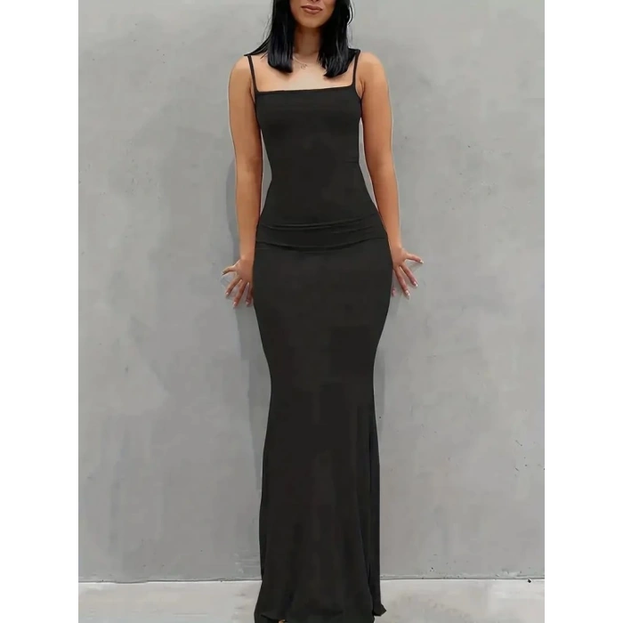Kadın Kolsuz Askılı Bodycon Uzun Viskon Elbise