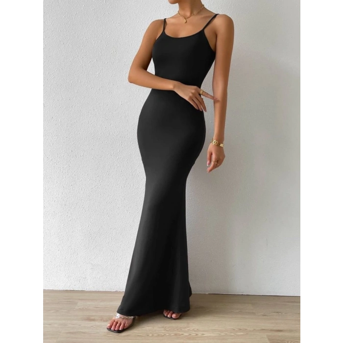 Kadın Kolsuz Askılı Bodycon Uzun Viskon Elbise