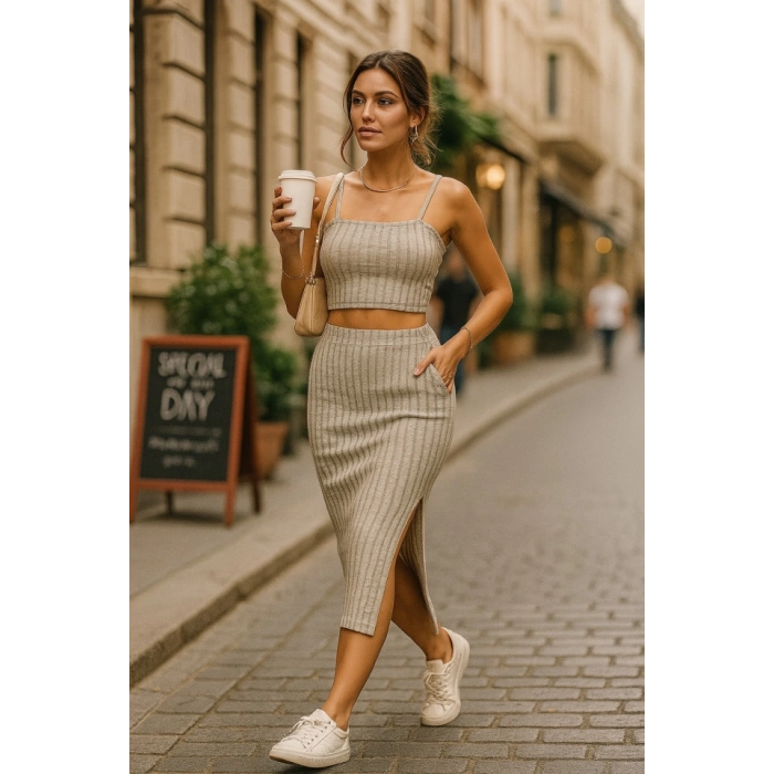 Kadın Kolsuz Askılı Crop Yırtmaçlı Midi Etek Fitilli Kaşkorse Takım